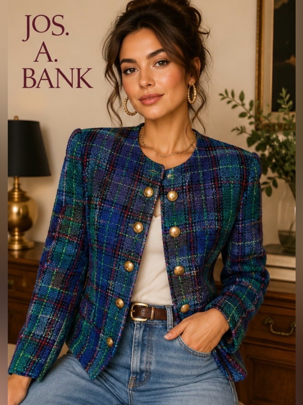 Jos. A. Bank Clothiers Vintage Boucle Plaid Blazer | Size 12 | Made in USA
